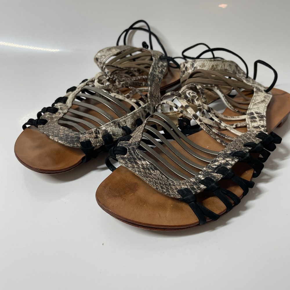 Schutz Gladiator Sandals Snake Print Lace Up Strappy Flat 7.5B Brazil Leather